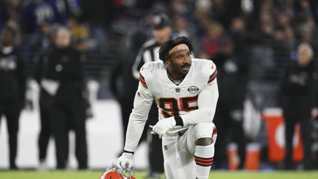 Nov 28, 2021; Baltimore, Maryland, USA; Cleveland Browns defensive end Myles Garrett (95) looks to the bench during the game against the Baltimore Ravens at M&T Bank Stadium. Mandatory Credit: Tommy Gilligan-USA TODAY Sports